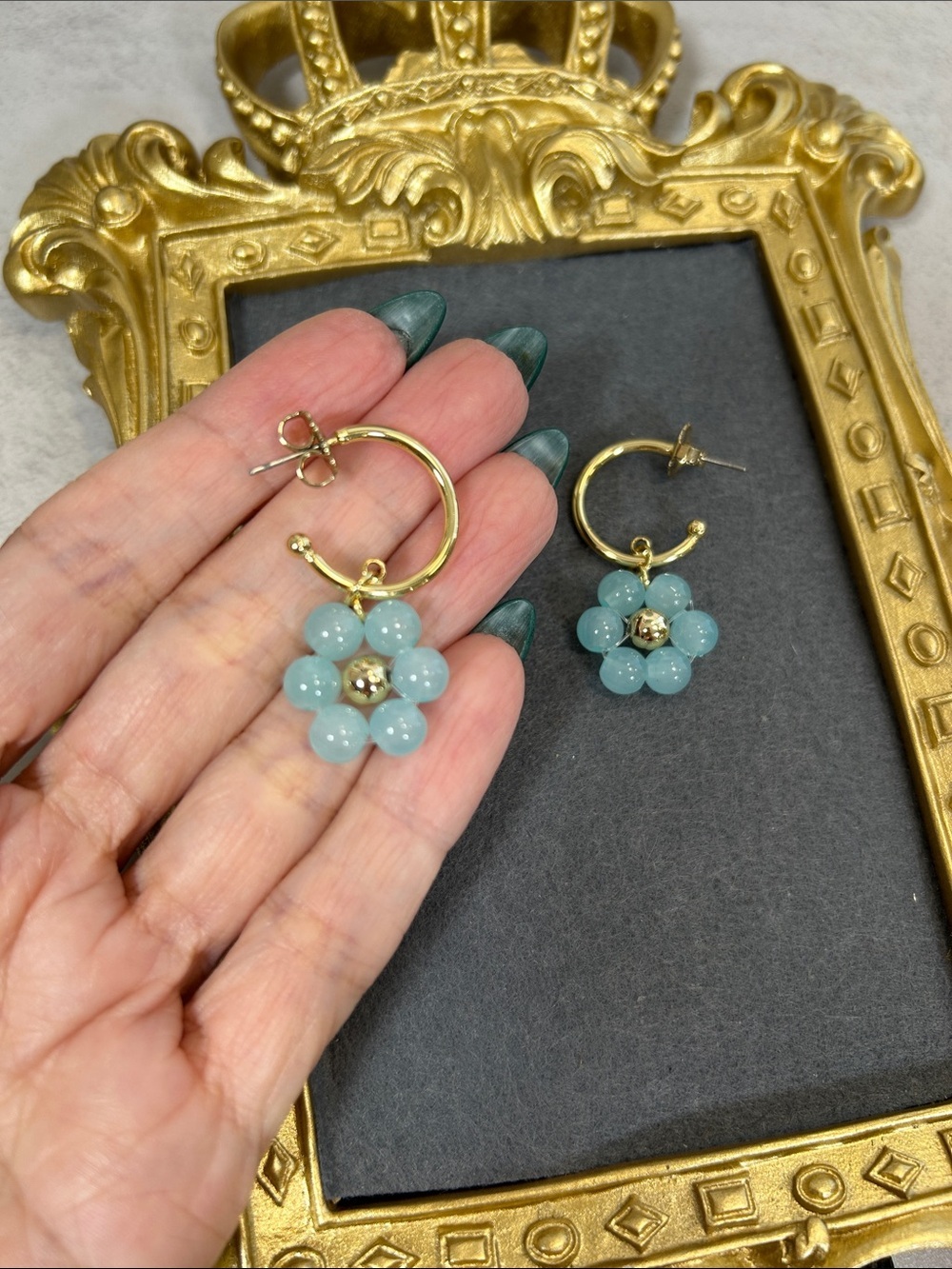 Gold Hoop Earrings with Aqua Glass Flower Beads — Women Jewelry